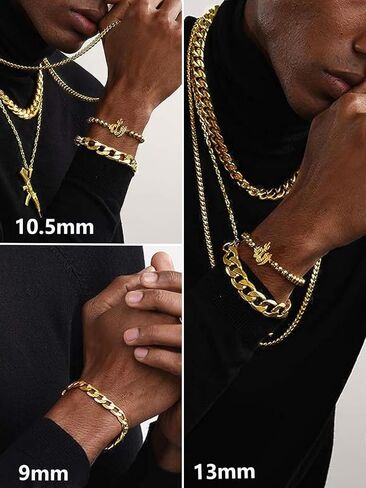 سوار سلسلة كوبي قوي للرجال من الفولاذ المقاوم للصدأ، عرض 9/10/13 مم، طول 7.48/8.27 بوصة، سوار مطلي بالذهب عيار 18 قيراط من المجوهرات الكلاسيكية، أرسل صندوق هدايا in Kuwait