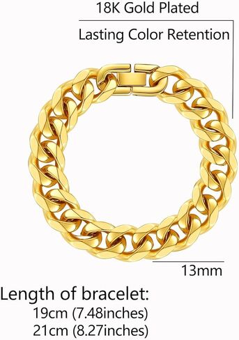 سوار سلسلة كوبي قوي للرجال من الفولاذ المقاوم للصدأ، عرض 9/10/13 مم، طول 7.48/8.27 بوصة، سوار مطلي بالذهب عيار 18 قيراط من المجوهرات الكلاسيكية، أرسل صندوق هدايا in Kuwait