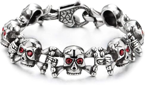 سوار رجالي من COOLSTEELANDBEYOND مصنوع من الفولاذ المقاوم للصدأ على شكل جمجمة مع زركون أحمر مكعب لراكبي الدراجات النارية على الطراز القوطي in Saudi Arabia