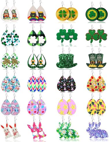 honsny 24 زوجًا من أقراط عيد الفصح لعيد القديس باتريك للنساء من الجلد الصناعي على شكل دمعة متدلية مجموعة من الأقراط البرسيم الخضراء وقبعة بيضة عيد الفصح المتدلية مجوهرات للنساء أقراط متدلية in Kuwait