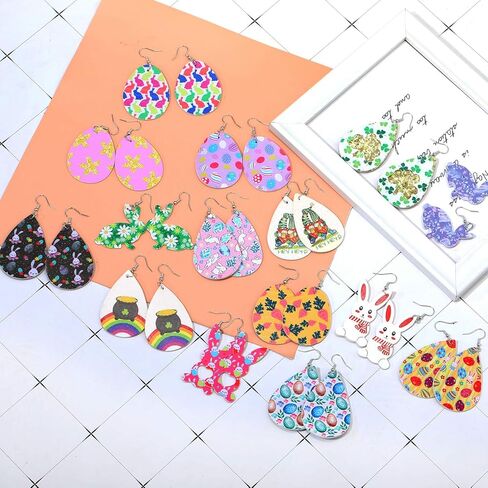 honsny 24 زوجًا من أقراط عيد الفصح لعيد القديس باتريك للنساء من الجلد الصناعي على شكل دمعة متدلية مجموعة من الأقراط البرسيم الخضراء وقبعة بيضة عيد الفصح المتدلية مجوهرات للنساء أقراط متدلية in Kuwait