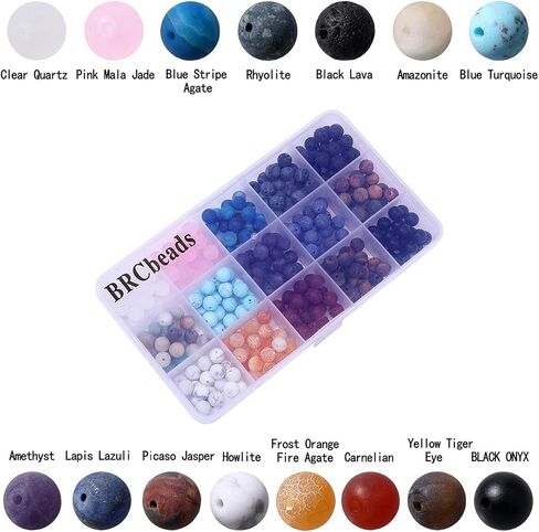 Gemstone Beads, BRCbeads 8mm Round 15 Color Assorted Box Set Onyx Amazonite Lapis Lava Crystal Energy Stone Healing Power Loose Beads for Jewelry Making in Kuwait