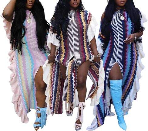 Molisry Women Sleeveless Sweater Maxi Dress for Fall 2023 Color Block High Split Ruffle Hem Prom Dress in Kuwait