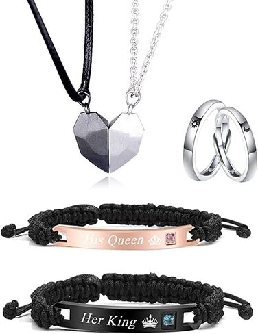Choistily 6 Pcs Matching Couple Necklace Bracelets Set Moon Star Rings Matching Bracelets for Couples Friendship Necklaces for Him Her Bf Gf Bracelets(King Ring) in Saudi Arabia