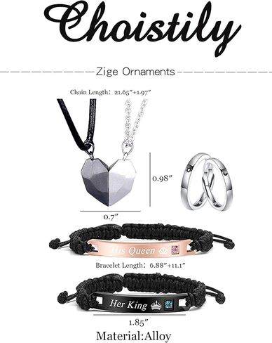 Choistily 6 Pcs Matching Couple Necklace Bracelets Set Moon Star Rings Matching Bracelets for Couples Friendship Necklaces for Him Her Bf Gf Bracelets(King Ring) in Saudi Arabia