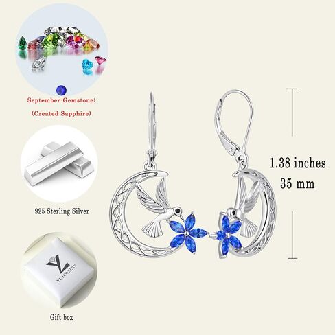YL Hummingbird Earrings Sterling Silver Celtic Moon Flowers Dangle Drop Earrings Birthstone Leverback Jewelry for Women in Saudi Arabia