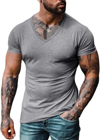 Men's Athletic T-Shirt Muscle Workout Bodybuilding Short Sleeve V-Neck Slim Fit Hipster Tee Shirt in Saudi Arabia