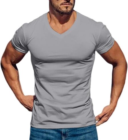 Men's Athletic T-Shirt Muscle Workout Bodybuilding Short Sleeve V-Neck Slim Fit Hipster Tee Shirt in Saudi Arabia