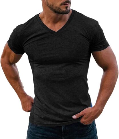 Men's Athletic T-Shirt Muscle Workout Bodybuilding Short Sleeve V-Neck Slim Fit Hipster Tee Shirt in Saudi Arabia