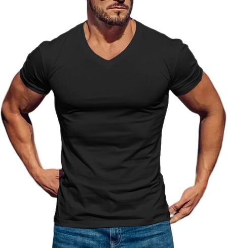 Men's Athletic T-Shirt Muscle Workout Bodybuilding Short Sleeve V-Neck Slim Fit Hipster Tee Shirt in Saudi Arabia