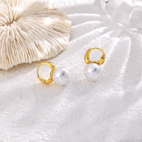 أقراط لؤلؤ كوبرين للنساء، مطلية بالذهب عيار 14 قيراط/925 من الفضة الاسترليني بجودة AAA + لآلئ مستديرة من المياه العذبة المستزرعة وأطواق ذهبية صغيرة متدلية من اللؤلؤ هدية مجوهرات الزفاف للنساء in Kuwait