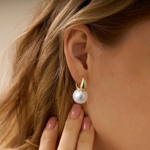 أقراط لؤلؤ كوبرين للنساء، مطلية بالذهب عيار 14 قيراط/925 من الفضة الاسترليني بجودة AAA + لآلئ مستديرة من المياه العذبة المستزرعة وأطواق ذهبية صغيرة متدلية من اللؤلؤ هدية مجوهرات الزفاف للنساء in Kuwait