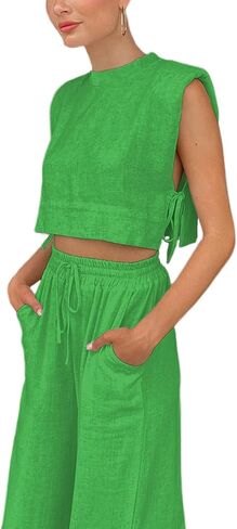 ملابس نسائية صيفية مكونة من قطعتين، بلوزة قصيرة مثيرة بدون أكمام وأربطة وسروال واسع الساق in Kuwait