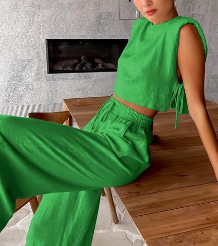 ملابس نسائية صيفية مكونة من قطعتين، بلوزة قصيرة مثيرة بدون أكمام وأربطة وسروال واسع الساق in Kuwait