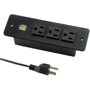 Conference Recessed Power Strip with USB 3 Outlets 1875W/12amp 2 USB Ports 2.1amp 10ft Power Cord Black