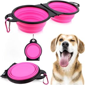 Collapsible Dog Bowls, Portable Travel Pet Feeder Bowl, 2 in 1 Expandable Silicone Pet Food & Water Double Bowl, Cat Feeder Dish with Carabiner for Walking, Traveling, Hiking, Camping, (Pink)