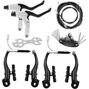 Complete Bike Brakes Set, Universal Front and Rear Bike Brake, V-Type Bicycle Brake Set, Inner and Outer Callipers Cables Lever Kit for Most Bicycle - Black