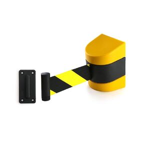 QWORK Fixed Wall Mount Retractable Belt Barrier, ABS Case 32 ft, Black and Yellow Safety Belt with Screws, 2 Pack