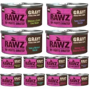 Rawz Natural Premium Minced Canned Cat Food in Gravy from Bone Broth -12 Pack Cans Variety Bundle - 4 Flavors with Hotspot Pets Can Lid (3 Oz Cans) (Pack of 12)