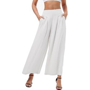 Women's Linen Crop Pants Plicated Capris Culottes Wide Leg Palazzo Pants Summer Casual Cotton Linen Pants