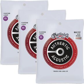 3-Pack Martin MA175T Lifespan Treated 80/20 Bronze Acoustic Guitar Strings, Custom Light 11-52