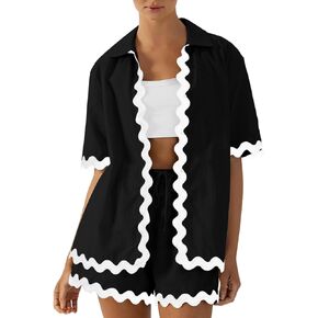 Women’s Casual 2 Piece Outfit Summer Button Down Shirt and Shorts Pajama Set Lounge Matching Beach Sets