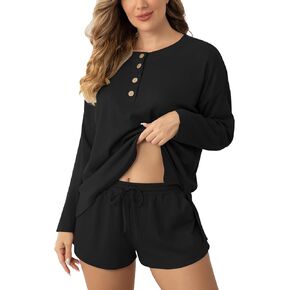Pajamas Set for Women Waffle Knit Lounge Set Long Sleeve Top and Shorts Matching Lounge Set Loungewear Sweatsuit Set