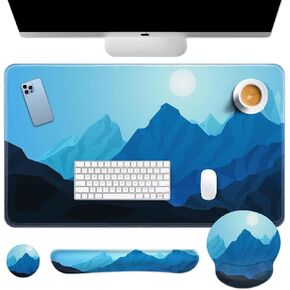 Bees Daisy Flower Desk Mat, Yellow Honey Kids Mouse Pad Set with Wrist Support, 4-in-1 Large Mousepad+Keyboard Wrist Rest+Mouse Wrist Rest+Coaster with Ergonomic Design, Non-Slip Mat