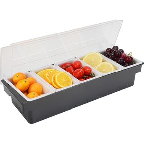 Bar Top Food & Condiment Dispenser 5-grid Plastic Chilled Garnish Tray Bar Caddy with Lid for Bartending & Serving Taco, Ice Cream, Fruit, Salad Bar (Black)