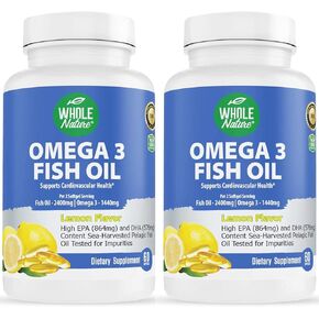 Omega 3 Fish Oil Supplements, Maximum Strength 2400 mg Omega-3, 1440mg Fish Oil, EPA DHA Fatty Acids, Heart Health, Vision, Eye, Brain, Immune Support for Women & Men. Natural Lemon Flavor, 60 ct (1)