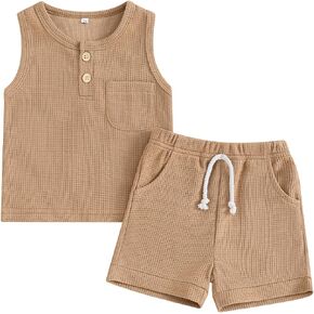 Infant Baby Boy Summer Clothes Solid Color Sleeveless Tank Tops & Shorts 2 Piece Toddler Wafffle Outfits