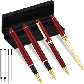 4 Pieces Wooden Pen Set with Pen Case Including Red Wooden Writing Fountain Pen Gel Pen Ballpoint Pen Mail Opener with 4 Ink Refill Cool Luxury Pen for Office Men Women Supplies