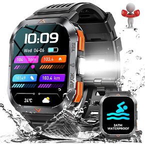 Military Smart Watch for Men with Call 2.02" Large Screen Rugged Tactical Smartwatch with LED Flashlight Compass 3ATM Waterproof Fitness Watch with Heart Rate Blood Pressure Monitor for iPhone Android