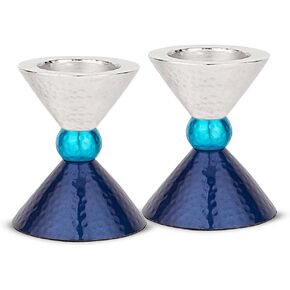 Zion Judaica Modern Tealight Candles or Thick Tapered Shabbat Candlestick Holders Set - Anodized Metal Blue Tones & Silver Candle Holder for Passover, Bat Mitzvah, Valentine's Day