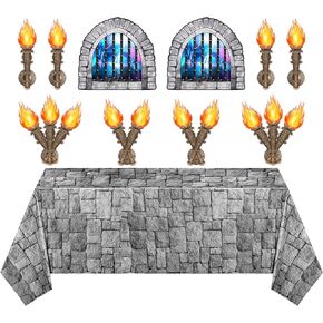 11 Pcs Medieval Scene Setter Set Window Torch Props Party Accessory Plastic Brick Tablecloth Knight Themed Castle Decorations Medieval Party Decorations for Party Table Wall Decor (Dazzling Window)