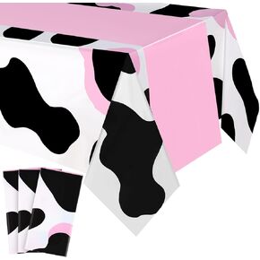 Preboun 3 Pieces Pink Cow Tablecloth Plastic Table Runner Cow Table Cover Disposable Farm Animal Cowboy Tablecloth Rectangle Cow Themed Table Cover for Baby Birthday Cow Party Supplies(Pink)