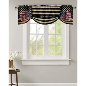 4th of July Tie Up Valance for Windows White Stars on Black Patriotic Curtains Valances Rod Pocket Valance Window Treatments USA Patriotic Balloon Curtains for Kitchen Living Room Bedroom 42x12 Inch