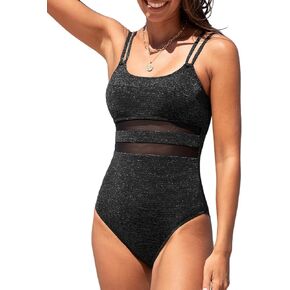 CUPSHE Women's One Piece Swimsuit Scoop Neck Sparkling Mesh Adjustable Double Straps Back Hook Cutout