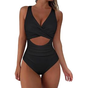 Hilor Women's Underwire One Piece Swimsuits Cross V Neck Swimwear Sexy Cut Out Bathing Suit Monokinis