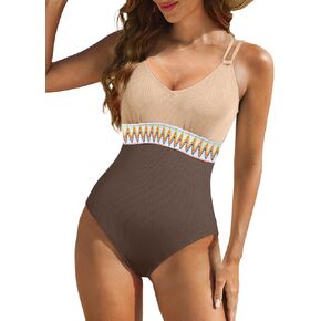 Aleumdr Women's High Cut One Piece Swimsuit V Neck Tummy Control Bathing Suit Cross Back Swimwear with Chevron Tape