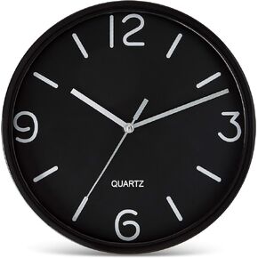 Bernhard Products Black Wall Clock 8 Inch Silent Non Ticking Quartz Battery Operated Easy to Read Decorative Round Sleek Design for Home Kitchen Bedroom Office Living Room Clocks, Silver Numbers