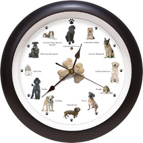 Mark Feldstein & Associates Barking Dog Sounds Wall Clock, 13 Inch, Black, 12 Popular Breeds