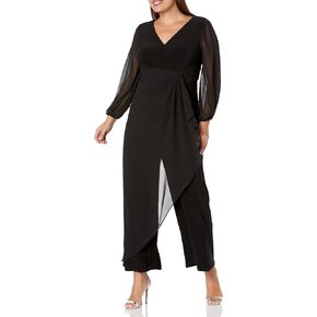 Adrianna Papell Women's Plus Jersey Chiffon Combo Jumpsuit, Black, 18