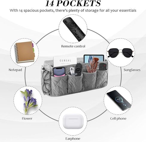 SYCOOVEN كرسي بذراعين ومسند ذراع للأريكة وأغطية ذراع للأريكة غير قابلة للانزلاق للأريكة مع منظم كرسي 14 جيبًا لمجلة الهاتف عن بعد للتلفزيون (رمادي، الحجم: 20 × 5.98 × 8.66 بوصة) in Kuwait