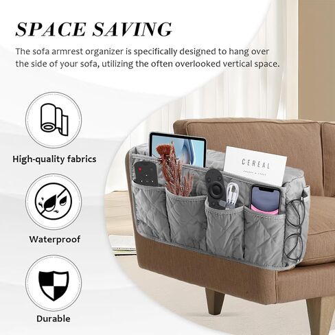 SYCOOVEN كرسي بذراعين ومسند ذراع للأريكة وأغطية ذراع للأريكة غير قابلة للانزلاق للأريكة مع منظم كرسي 14 جيبًا لمجلة الهاتف عن بعد للتلفزيون (رمادي، الحجم: 20 × 5.98 × 8.66 بوصة) in Kuwait
