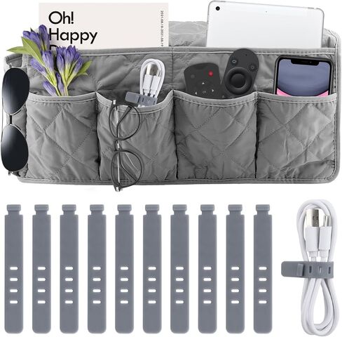 SYCOOVEN كرسي بذراعين ومسند ذراع للأريكة وأغطية ذراع للأريكة غير قابلة للانزلاق للأريكة مع منظم كرسي 14 جيبًا لمجلة الهاتف عن بعد للتلفزيون (رمادي، الحجم: 20 × 5.98 × 8.66 بوصة) in Kuwait