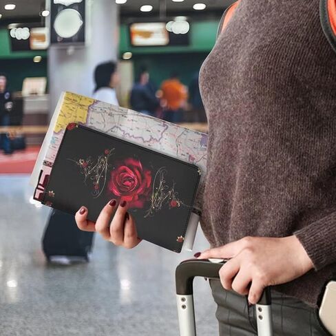 حامل بطاقات تسجيل وتأمين السيارة بطباعة وردة حمراء، حامل تسجيل ترخيص من جلد البولي يوريثان الفاخر لرخصة القيادة، وبطاقة التأمين، والأعمال الورقية، أسود in Kuwait