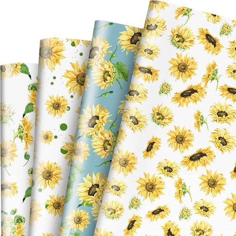 Whaline 12 Sheet Sunflower Wrapping Paper 4 Designs Vintage Yellow Floral Art Paper Spring Summer Decorative Folded Gift Wrap Paper Specialty Paper Sheets for Birthday Wedding DIY Crafts, 19.7x27.6’’ in Saudi Arabia