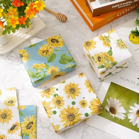 Whaline 12 Sheet Sunflower Wrapping Paper 4 Designs Vintage Yellow Floral Art Paper Spring Summer Decorative Folded Gift Wrap Paper Specialty Paper Sheets for Birthday Wedding DIY Crafts, 19.7x27.6’’ in Saudi Arabia