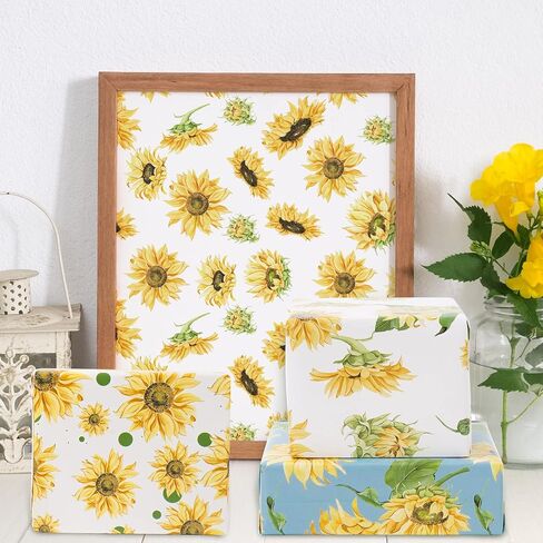 Whaline 12 Sheet Sunflower Wrapping Paper 4 Designs Vintage Yellow Floral Art Paper Spring Summer Decorative Folded Gift Wrap Paper Specialty Paper Sheets for Birthday Wedding DIY Crafts, 19.7x27.6’’ in Saudi Arabia